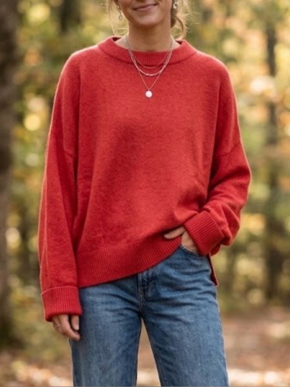 Anthropologie Pilcro wool blend oversized sweater crew neck ribbed trim red Med